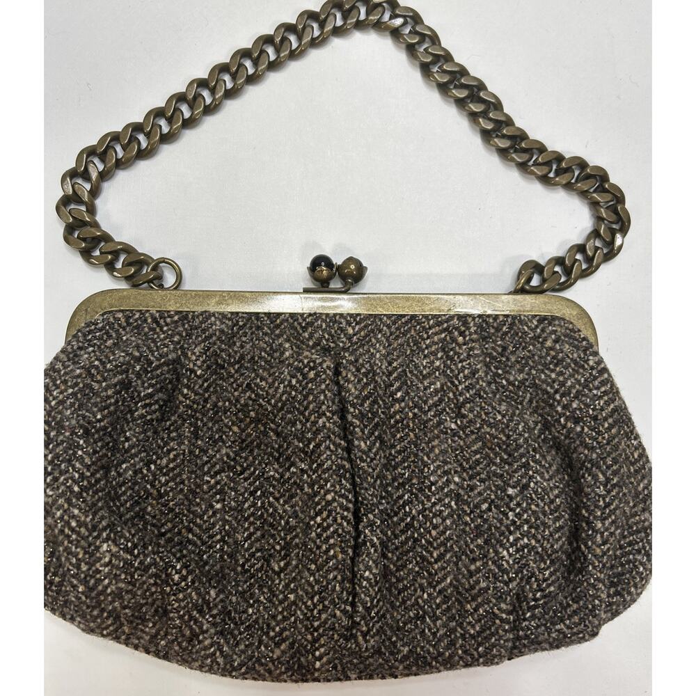 Vintage Y2K Brown Wool Gold Thread Mini Shoulder Bag Clutch Purse - Chain Handle
